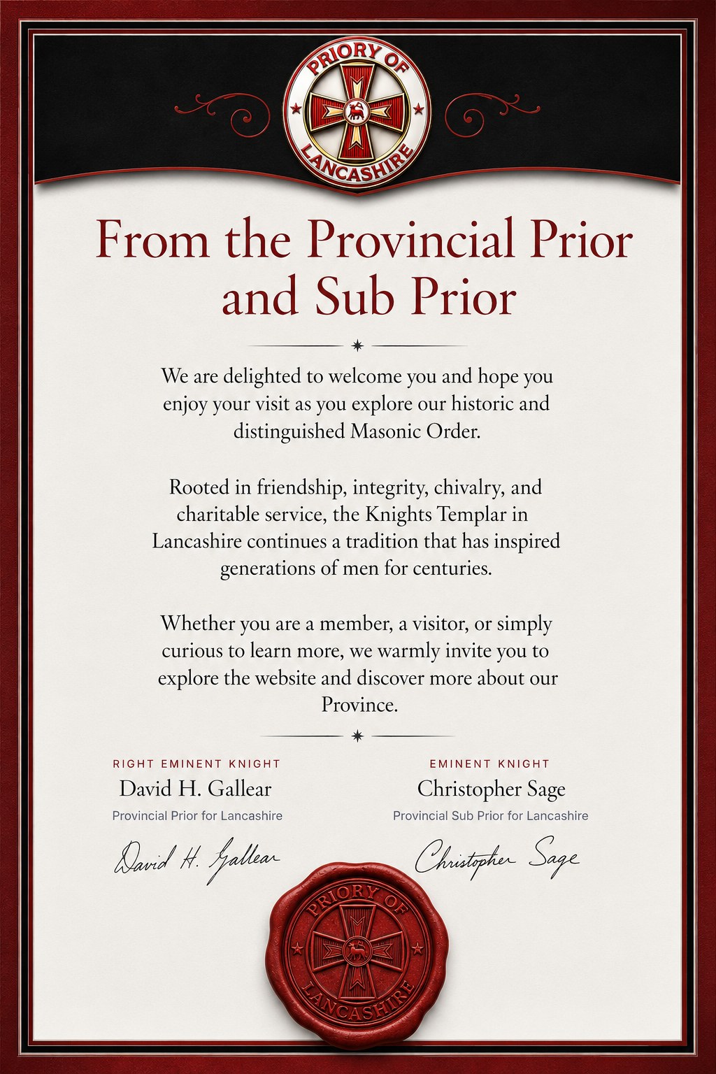 From the Provincial Prior and Sub Prior — a welcome message from the Priory of Lancashire